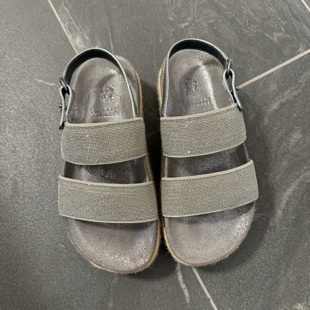 Brunello Cucinelli Girls Metallic Leather Slingback Espadrilles Silver‎ Size 3